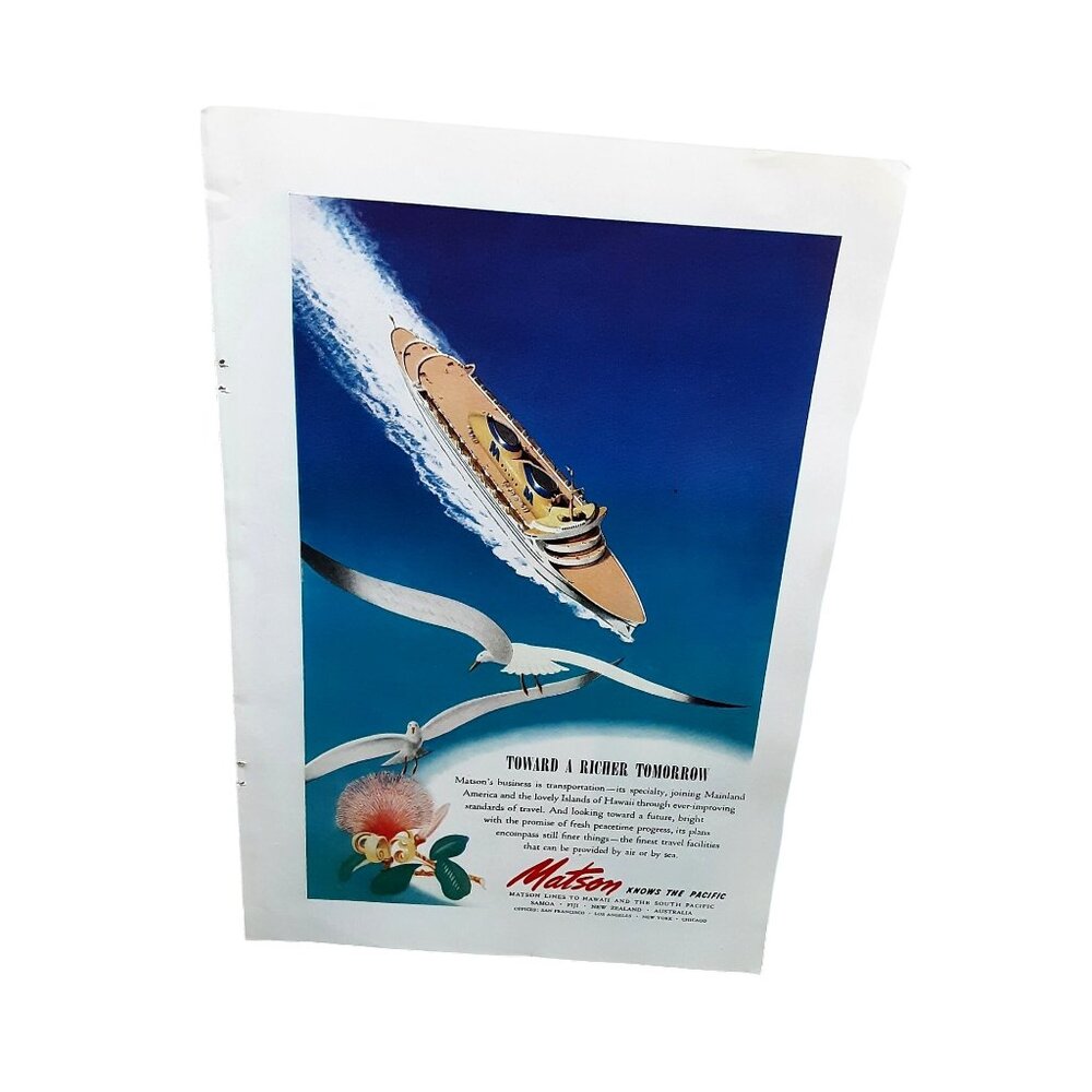 1945 Matson Lines Cruise Ship To Hawaii and Pacific Original Print Ad 40s